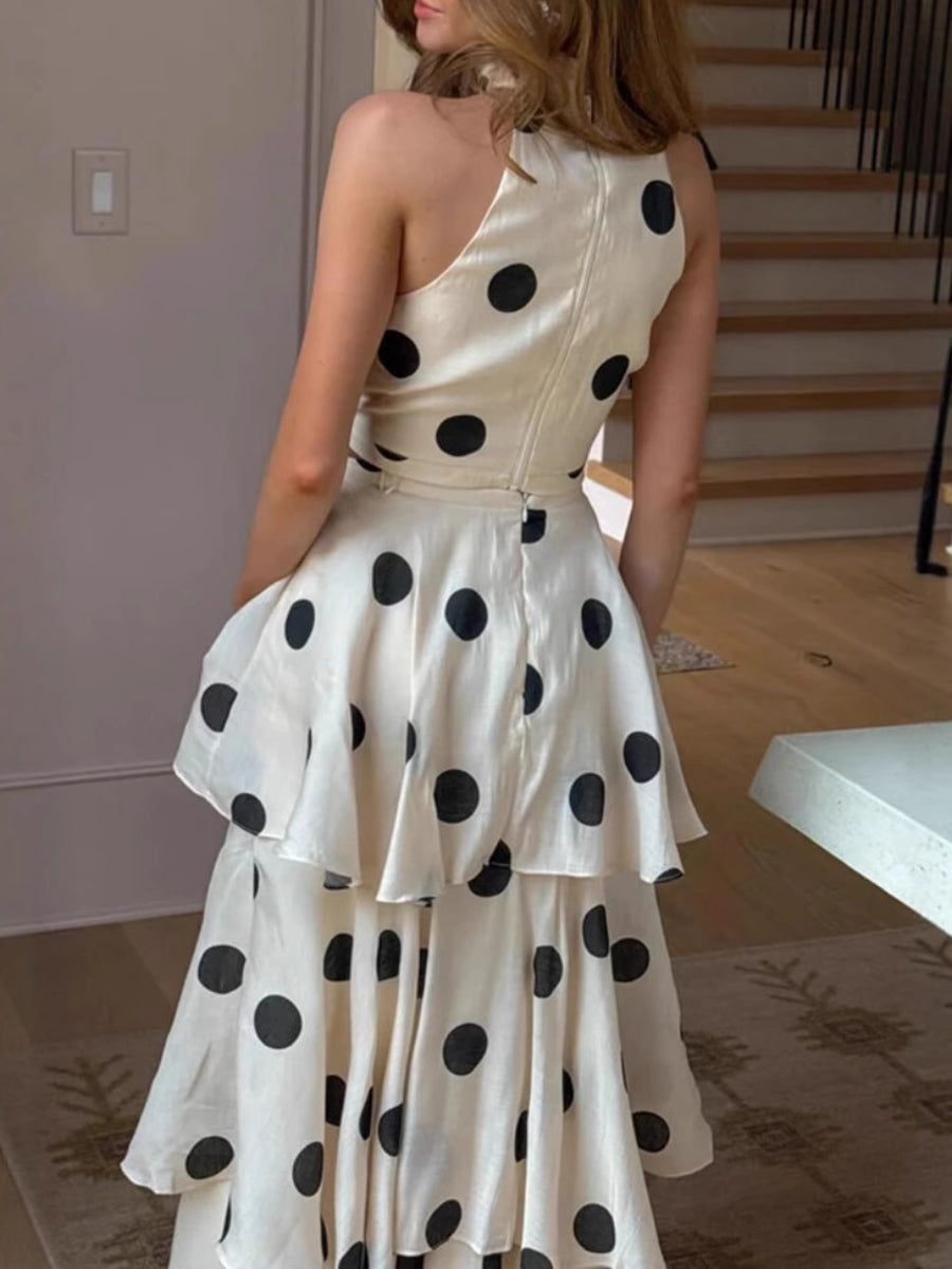 Polka dot print halter neck sleeveless top and tiered skirt set