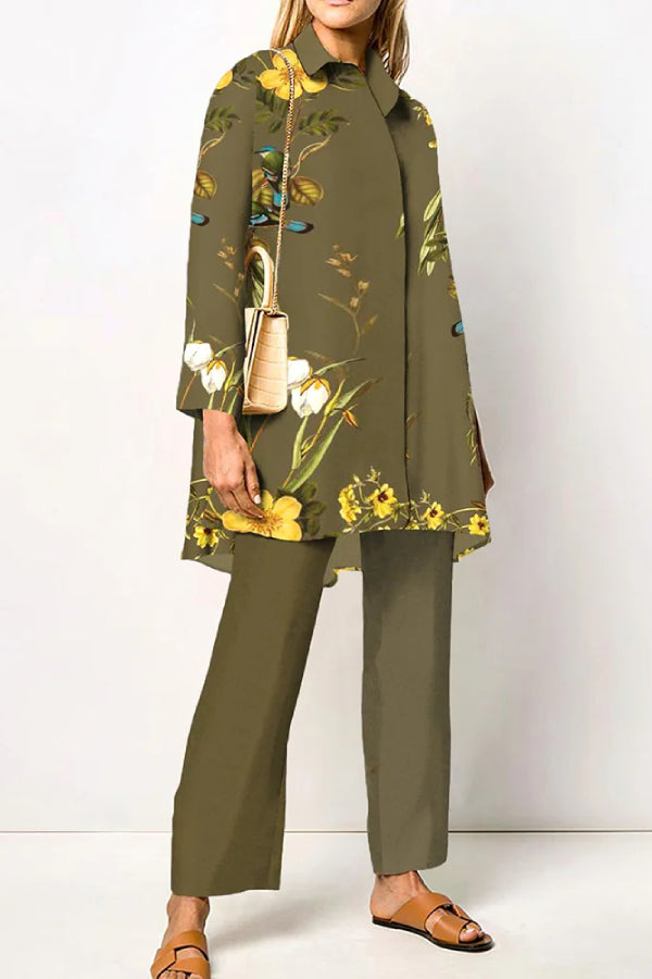 Vintage Flower Elegant Style Two Piece Shirt Set