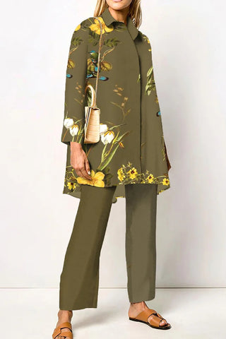 Vintage Flower Elegant Style Two Piece Shirt Set