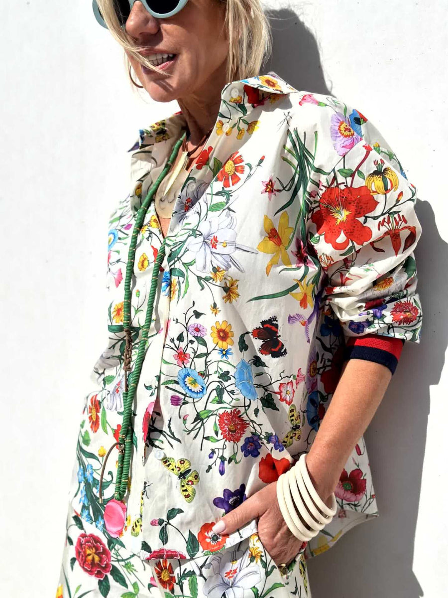 White Base Vibrant Wild Floral Print Collar Shirt Wide Leg Pants Two Piece Matching Pants Set