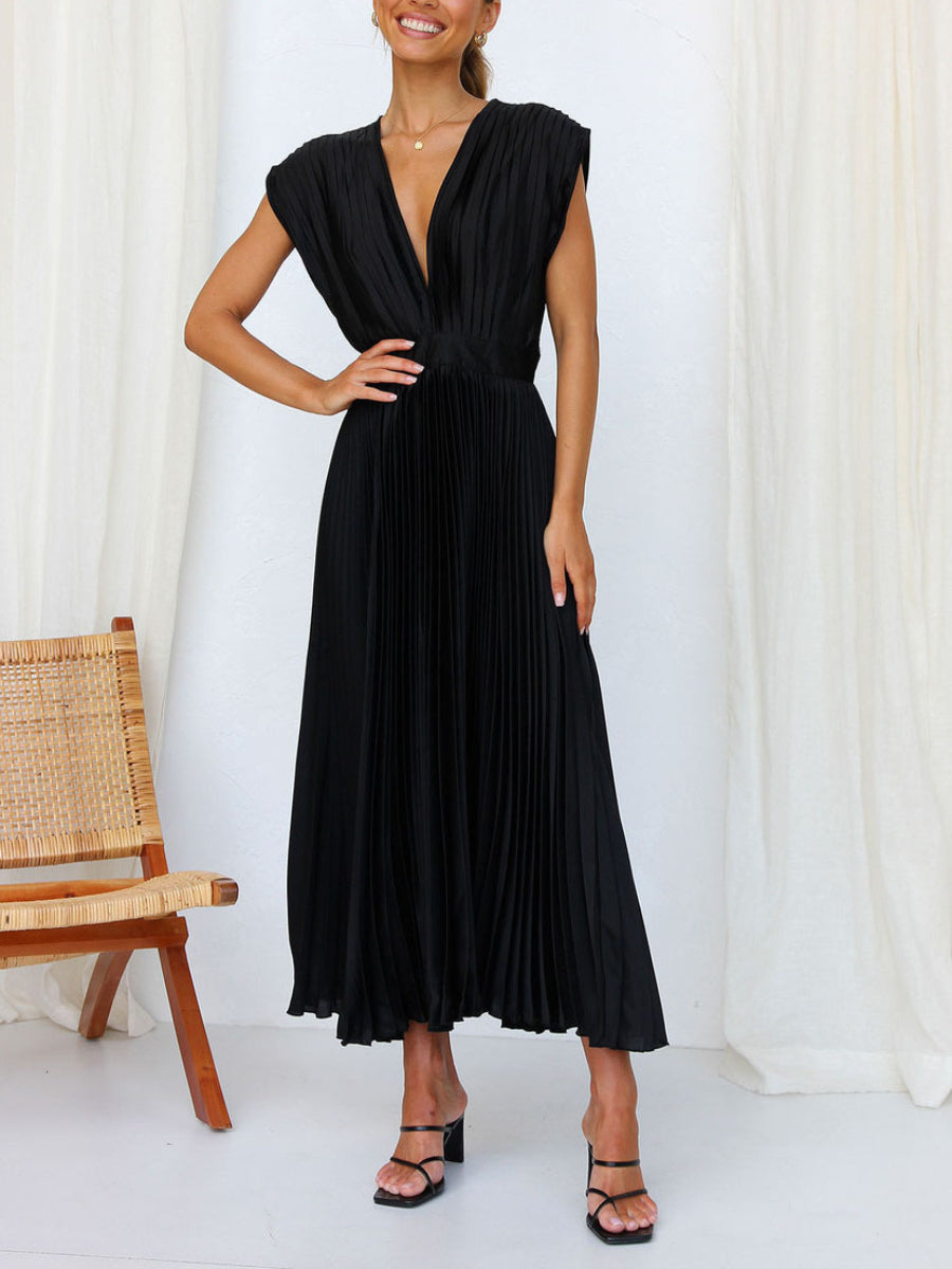 Minimalist Solid Champagne Pleated Satin Deep V Neck Flowy Midi Dress