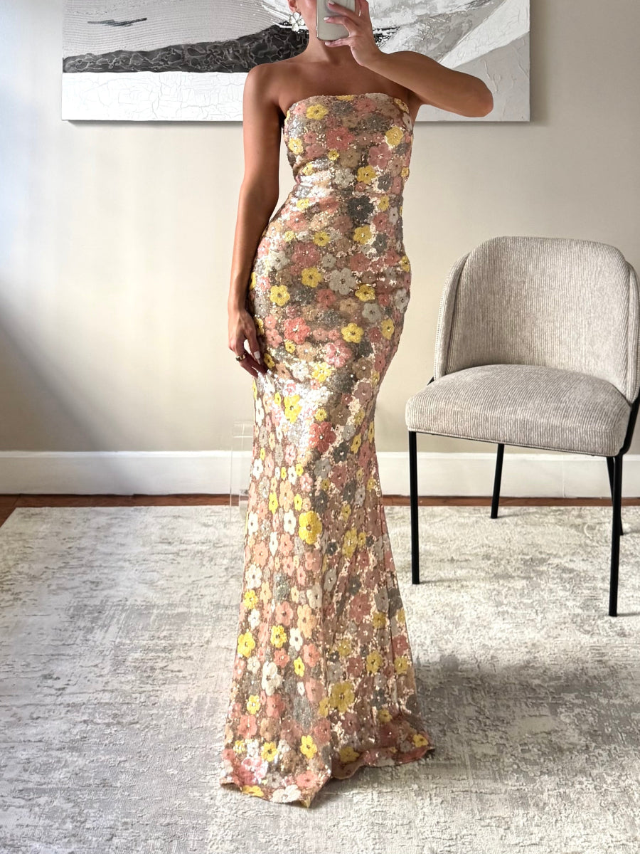 Multicolor Floral Sequin Strapless Mermaid Maxi Gown Fitted Floor Length Evening Dress