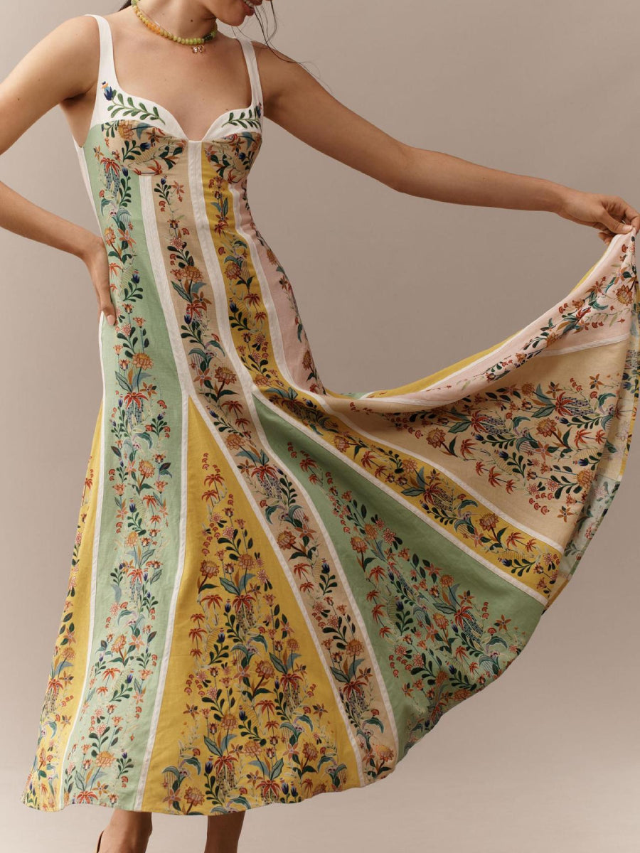 Retro Garden Floral Patchwork Vertical Striped Thin Strap Front Split Flowy Holiday Midi Dress