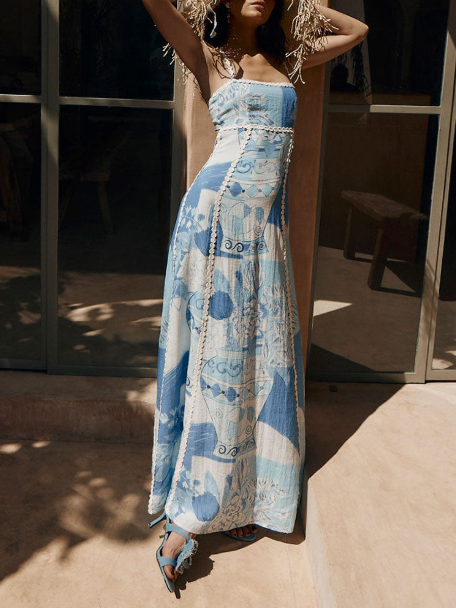 Women Square Neck Chinese Ceramic Floral Print Long Vacation Sundress