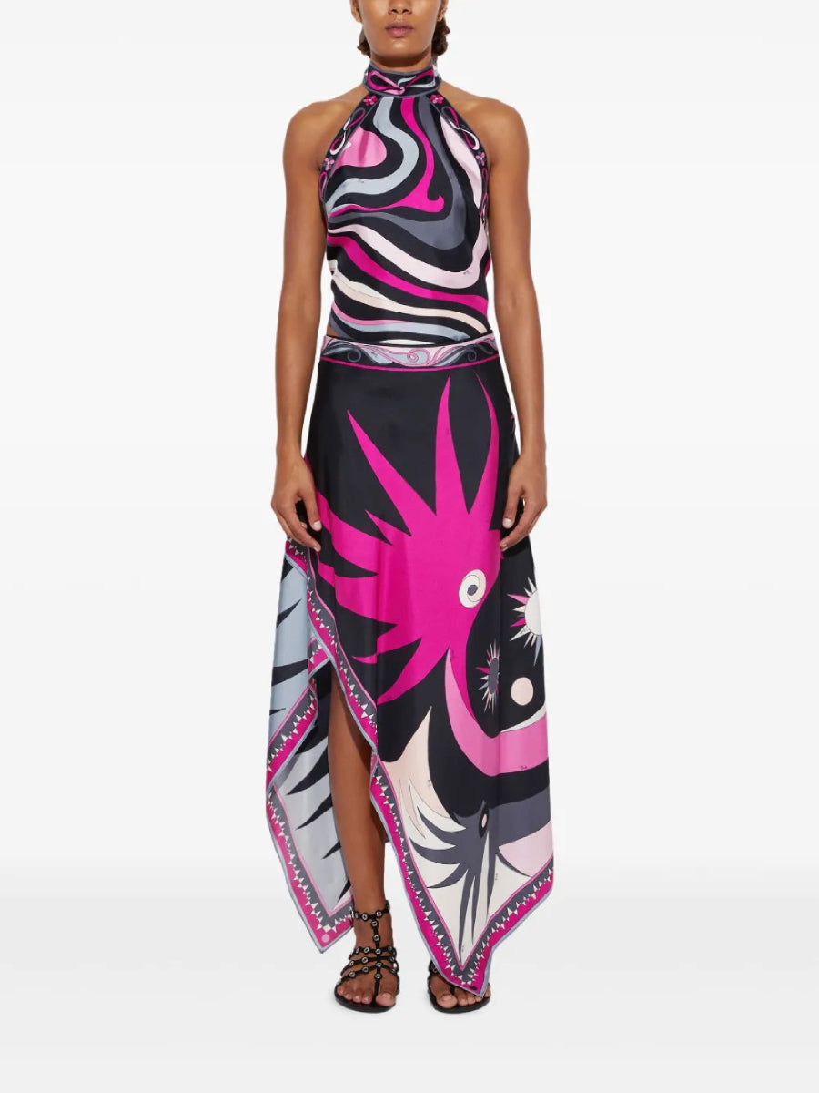 Retro Graphic Sun Pattern Sleeveless Halter Top Asymmetric Slit Midi Skirt Matching Set Main image