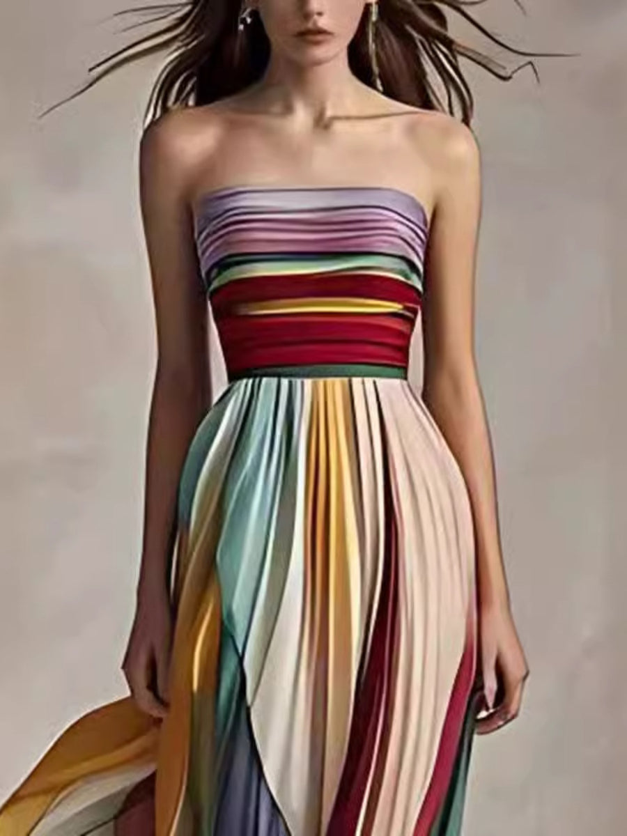 Rainbow Vertical Stripe Strapless Pleated Chiffon Maxi Gown Color Block Backless Train Evening Dress Secondary image
