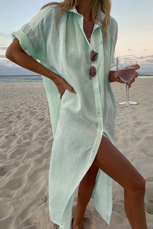 Solid color casual long sleeved mid length cotton and linen shirt dress Secondary image