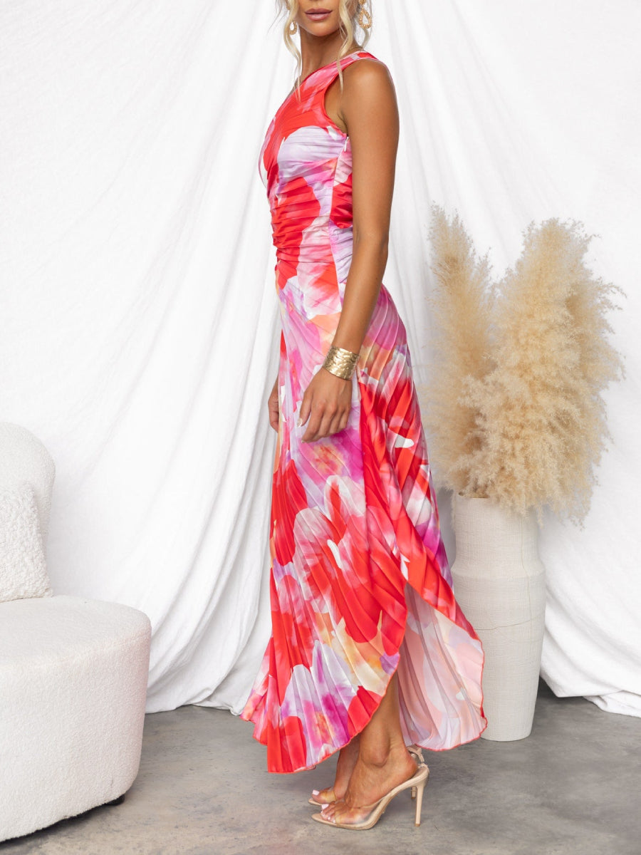 Lightweight Sheer Chiffon One Shoulder Twisted Cutout Waist Floral Wedding Guest Long Dress Secondary image