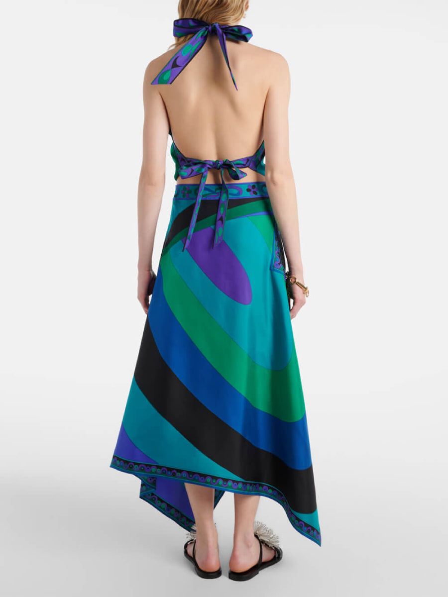 Women Sleeveless Halter Top and High Waist Hanky Hem Skirt Set, Retro Color Block Outfit
