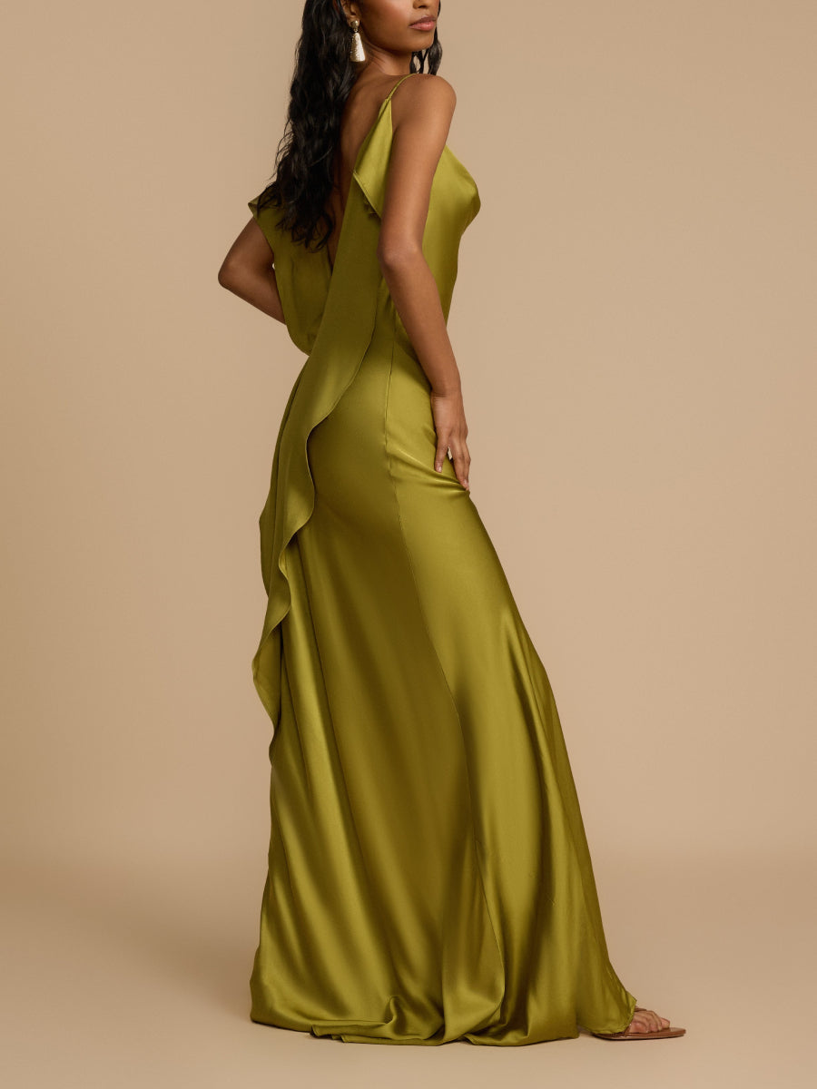 Olive Green Satin Cowl Neck Spaghetti Strap Maxi Dress with High Side Slit