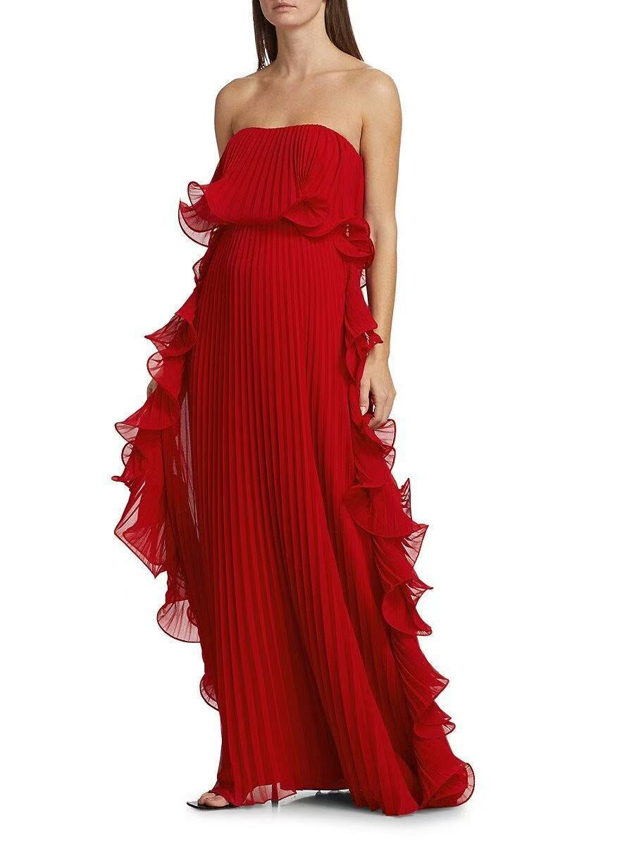 Elegant Off Shoulder Free Bust Ruffle Hem Pleated Sheer Chiffon Floor Length Party Dress