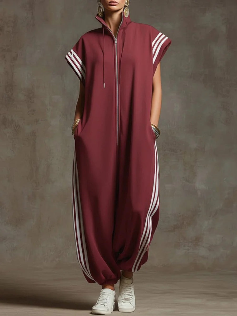 Three Stripe Sleeveless Zip Up Oversized Jogger Jumpsuit