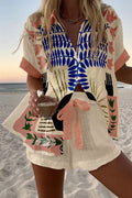 Linen-blend shirt and elastic-waist shorts set styled as a beach cover-up