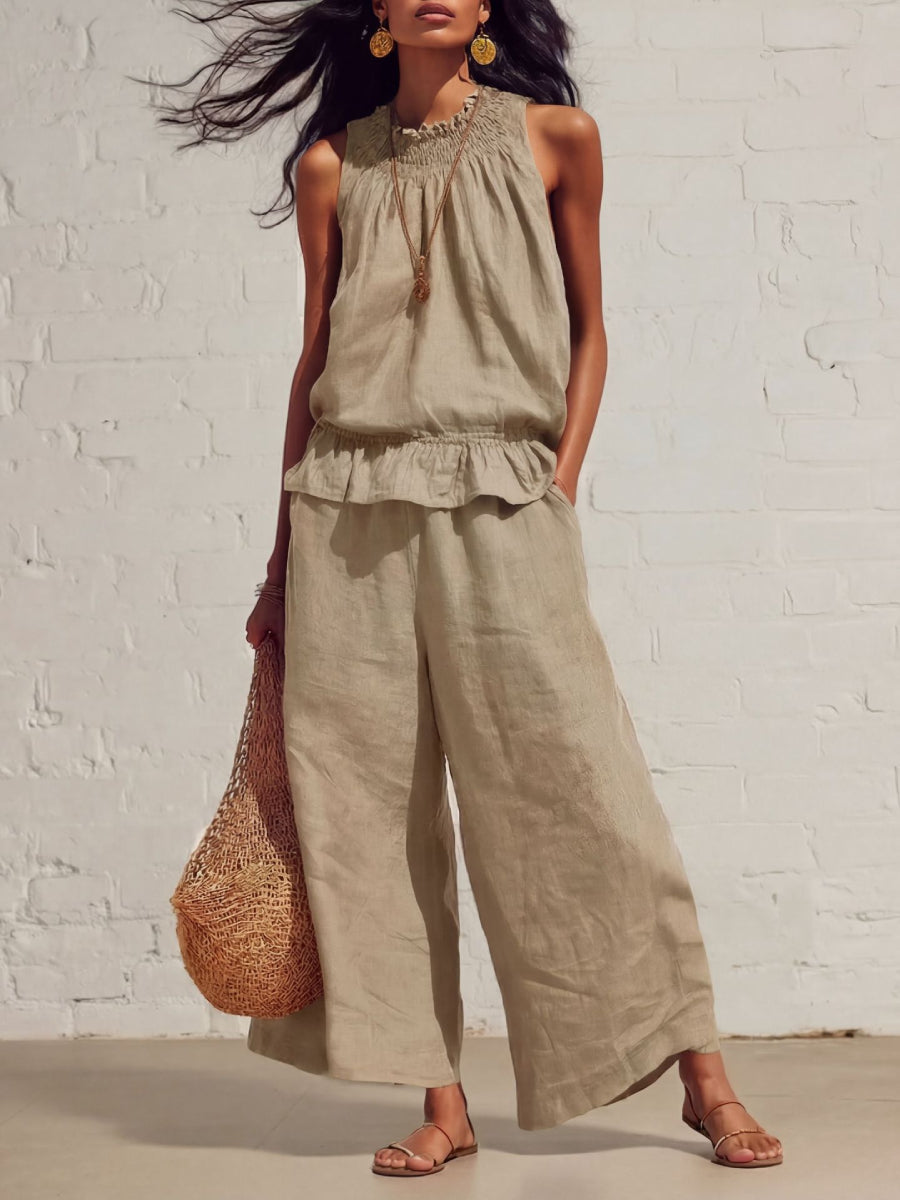 Linen Smocked Neck Ruffle Hem Tank Top Wide Leg Pants Two Piece Matching Set