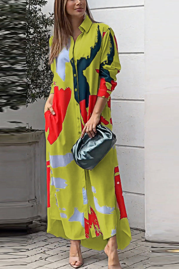 Fashionable casual printed loose slit shirt maxi dress Secondary image