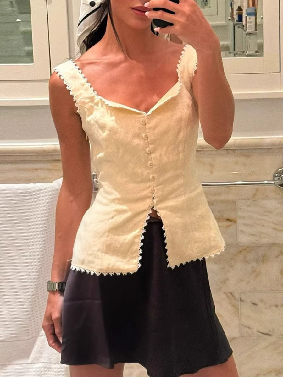 Cream Lace Trim Linen Sleeveless Tank Top