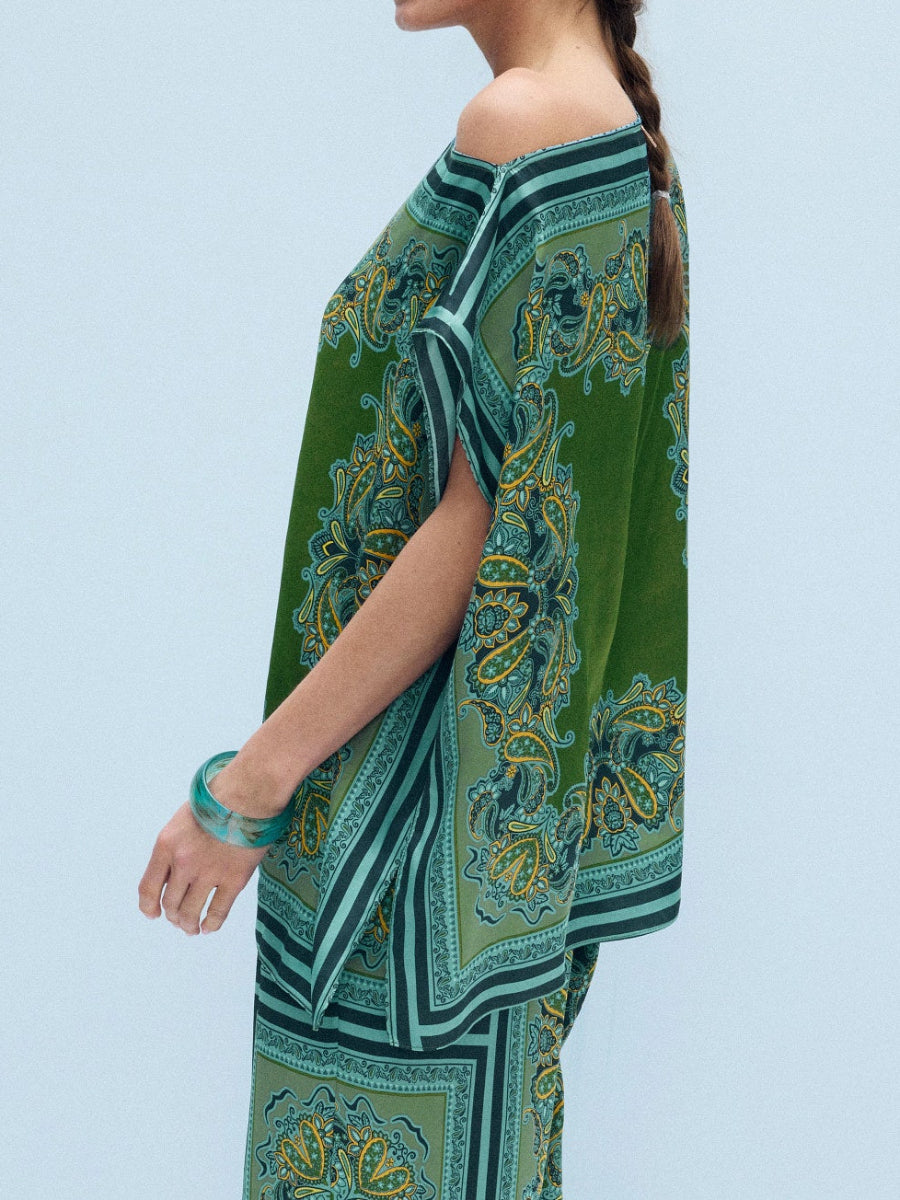 Green Border Paisley Print Asymmetrical One Shoulder Satin Top Wide Leg Pants Two Piece Co-ord Pants Set