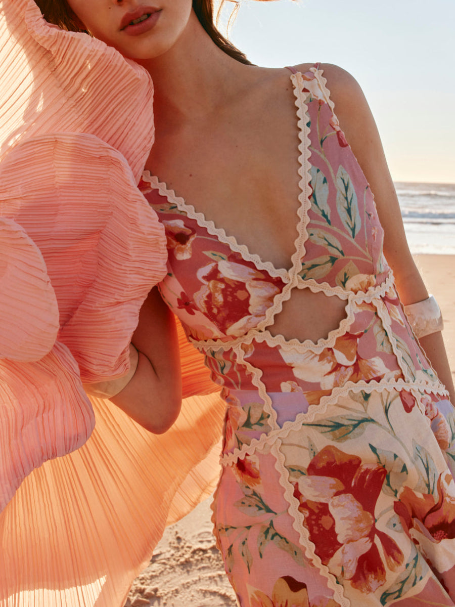 Pink Watercolor Floral Print Scalloped Lace Trim Cutout Waist Spaghetti Strap Maxi Dress