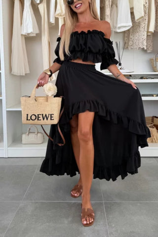 Tube Top Navel Exposed Ruffled Irregular Skirt Two-piece Set