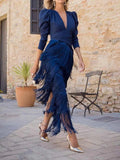 Puff Sleeve Deep V Wrap Waist Multi-Layer Fringe Midi Party Dress