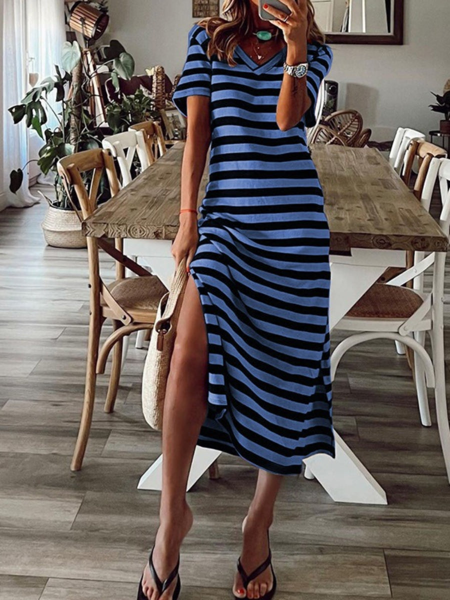 Basics Stripe V Neck Casual Midi Dress