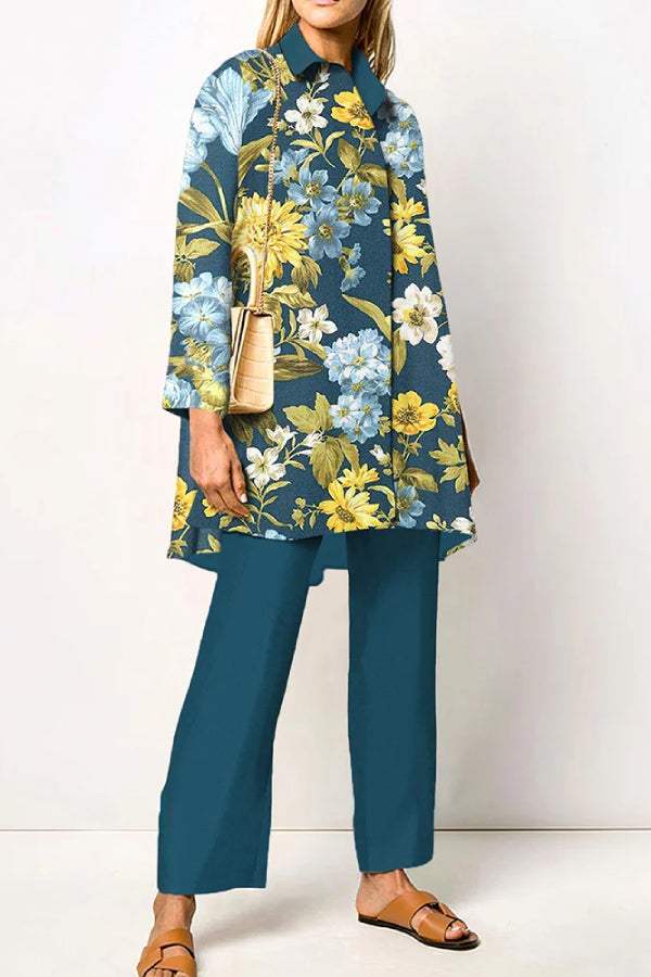 Vintage Floral Print Elegant Style Shirt Two Piece Set