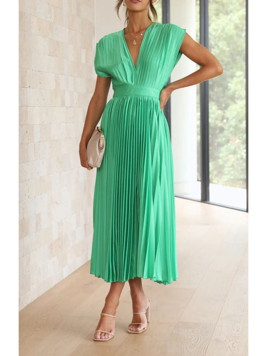 Minimalist Solid Champagne Pleated Satin Deep V Neck Flowy Midi Dress