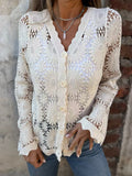 Floral Open Crochet Flare Sleeve V Neck Button Front Knit Cardigan