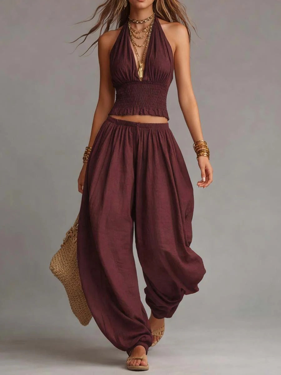 Linen Halter Ruched Smocked Crop Top Harem Wide Leg Pants Two Piece Matching Set