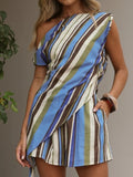Colorful Vertical Stripe One Shoulder Wrap Linen Two Piece Short Set
