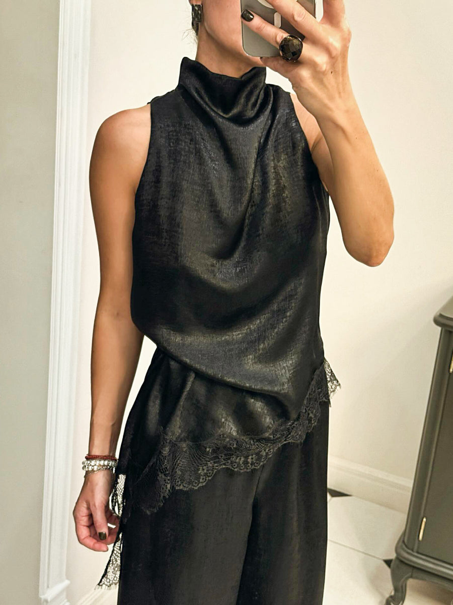 Draped Cowl Neck Sleeveless Asymmetric Hem Shiny Satin Blouse