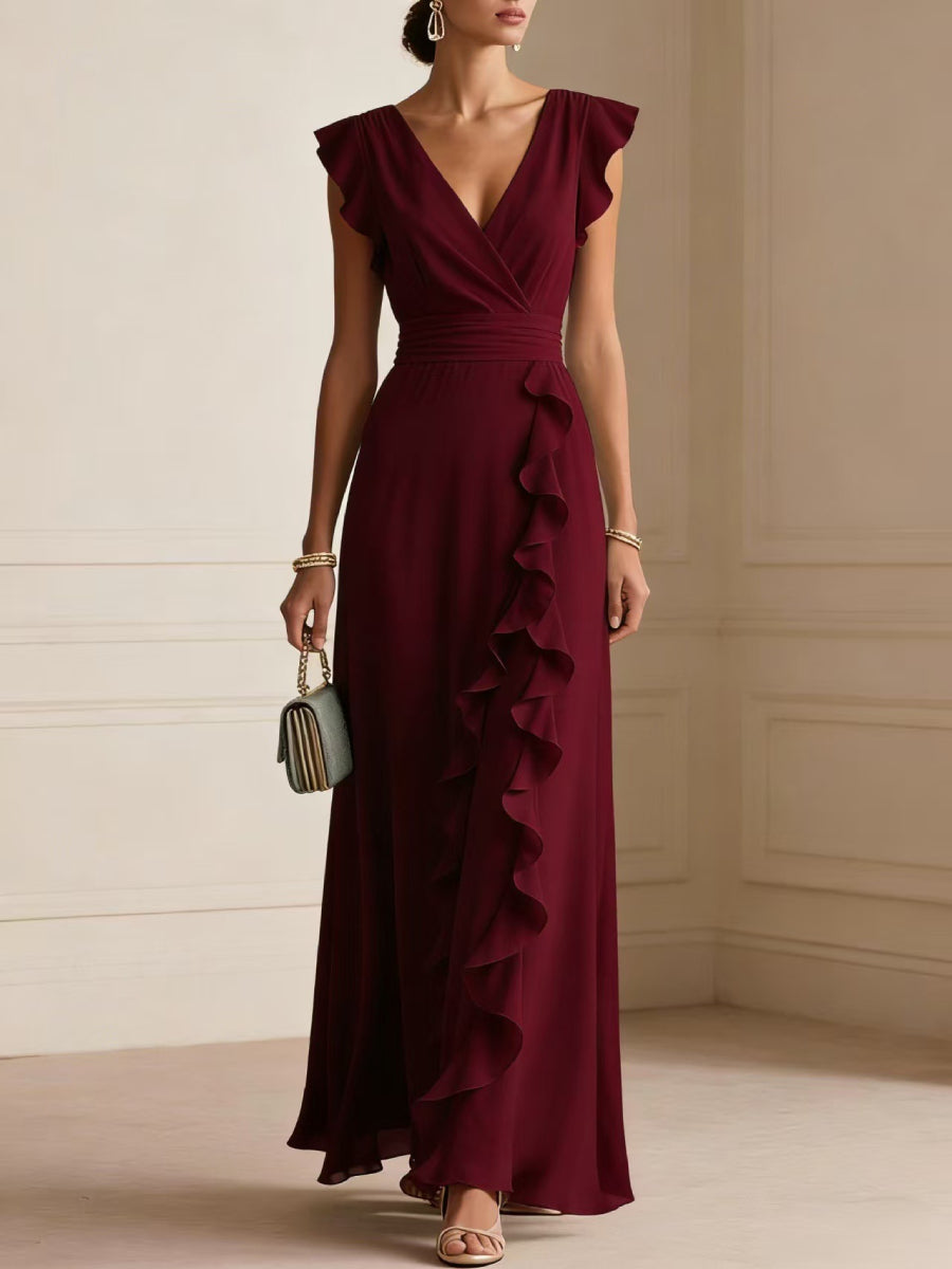 Chiffon Wrap V Neck Ruffle Cap Sleeve High Waist Side Ruffle Maxi Dress
