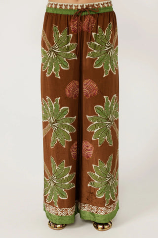 Women's Brown Palm Tree & Seashell Print 2-Piece Co-Ord Set - Short Sleeve Shirt & Wide Leg Pants for Summer Beach Resort Wear