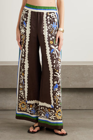 Women's Brown Tropical Folk Print Linen 2-Piece Co-Ord Set - Short Sleeve Shirt & Wide Leg Pants for Boho Resort Wear