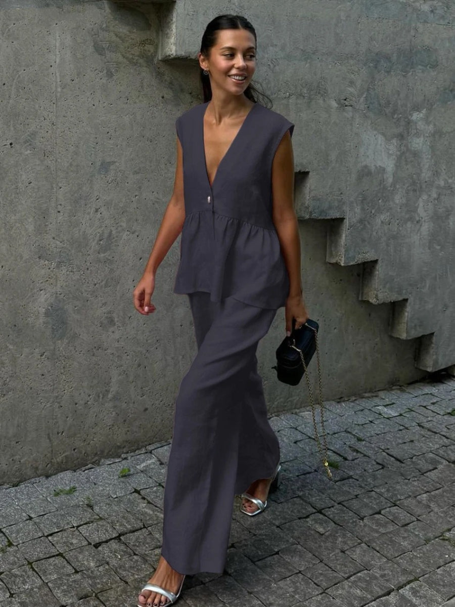 Linen Sleeveless V Neck Peplum Top Wide Leg Pants Two Piece Matching Pants Set