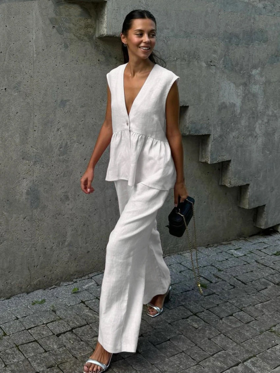 Linen Sleeveless V Neck Peplum Top Wide Leg Pants Two Piece Matching Pants Set