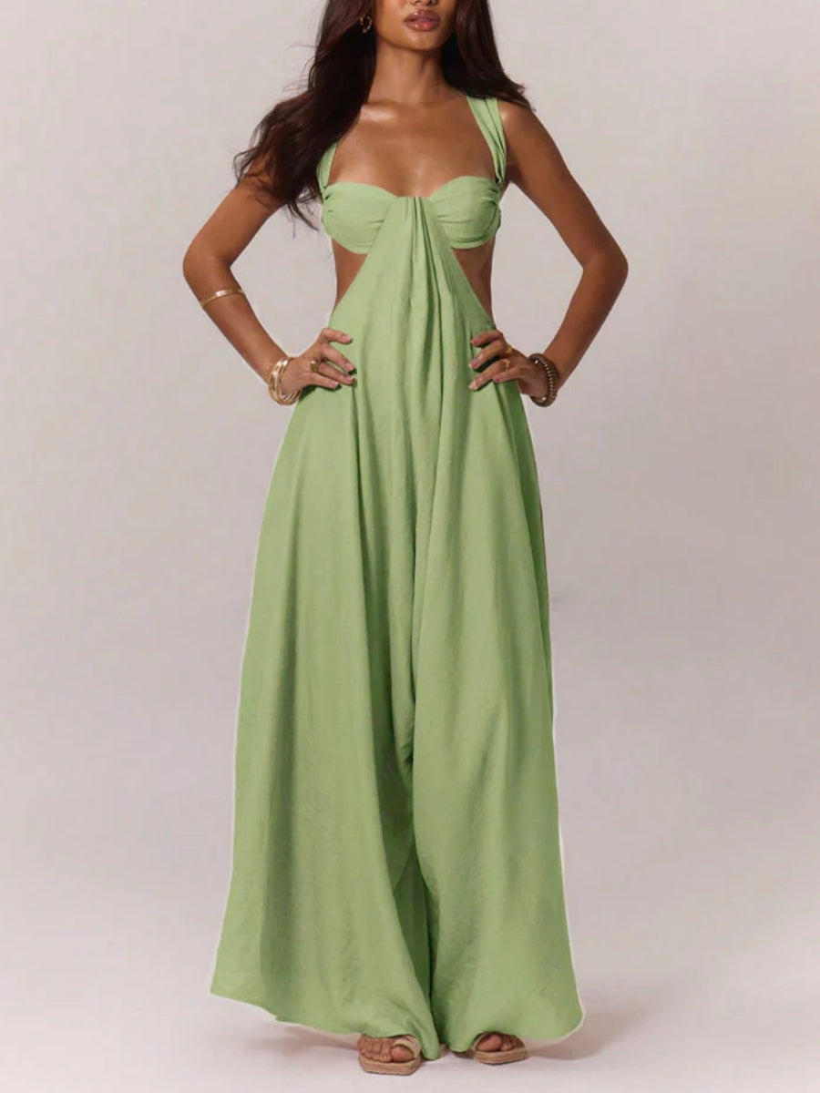 Solid Color Halter Cutout A-Line Maxi Gown Summer Resort Photoshoot Dress