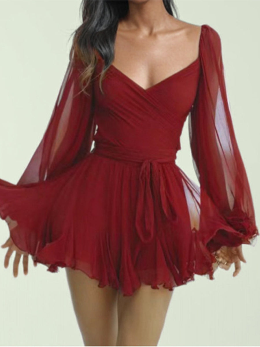 V-neck lantern sleeve hollow shoulder mini dress