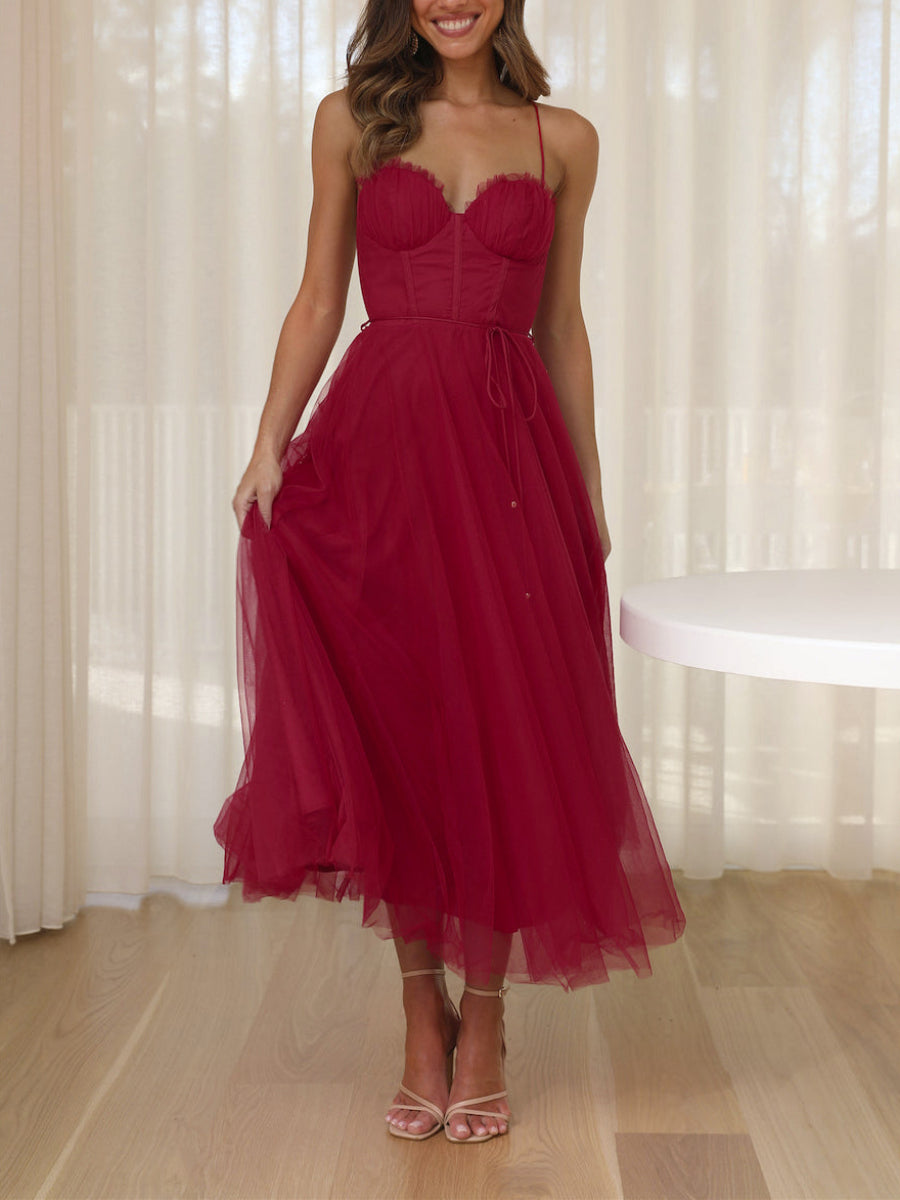 Romantic Ruched Sweetheart Thin Strap Multi-Layer Tulle Midi Dress