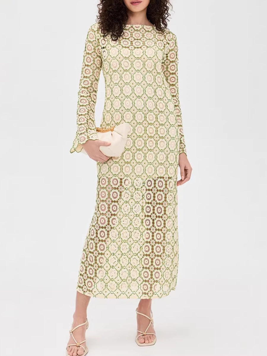 Cream Base Green Floral Circle Lace Long Sleeve Flare Cuff Midi Dress
