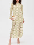 Cream Base Green Floral Circle Lace Long Sleeve Flare Cuff Midi Dress