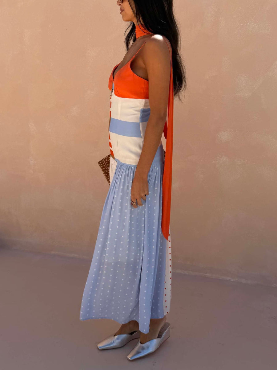 Stripe Polka Dot Patchwork V Neck Spaghetti Strap Midi Dress