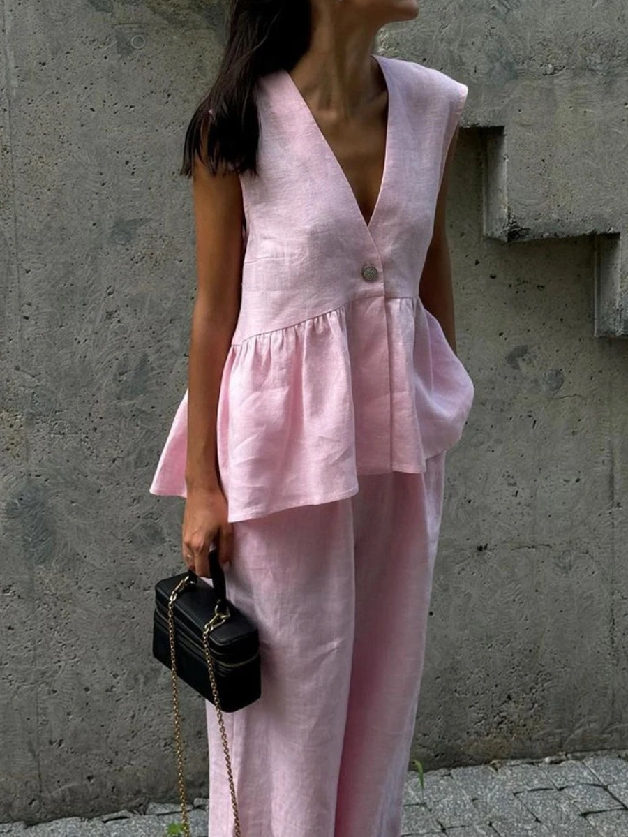 Linen Sleeveless V Neck Peplum Top Wide Leg Pants Two Piece Matching Pants Set