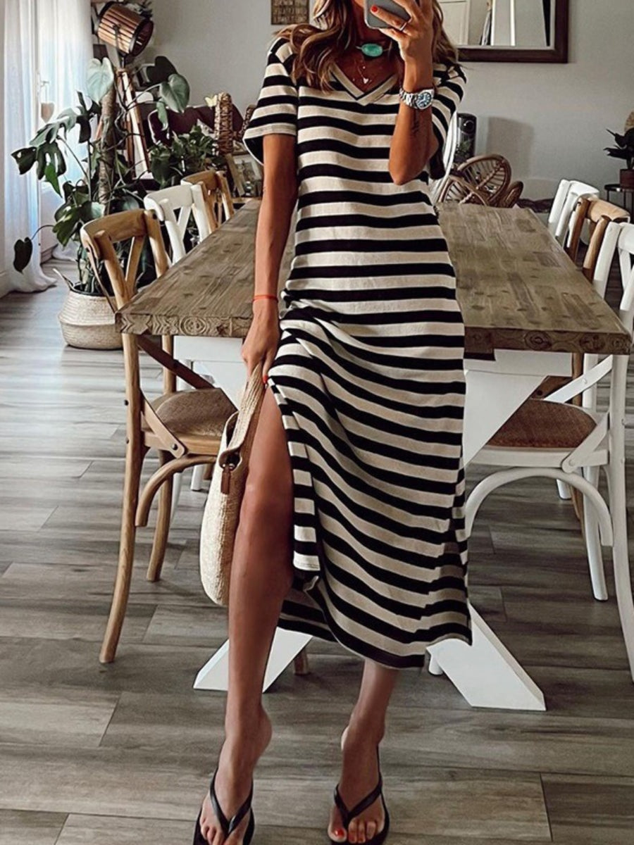 Basics Stripe V Neck Casual Midi Dress Main image