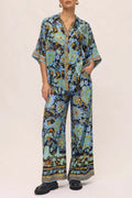 Satin collared button shirt with matching relaxed pants in a coordinated two-piece set