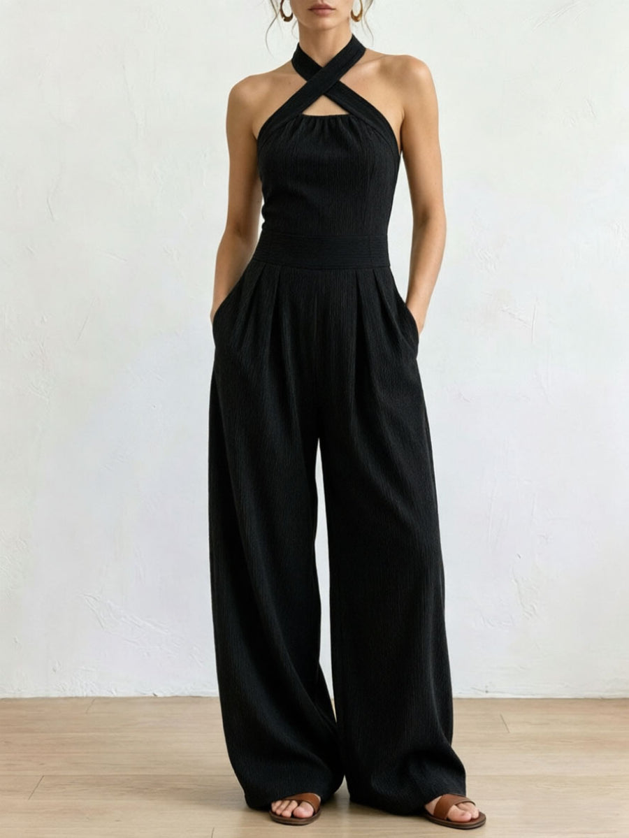 Vertical Ribbed Crisscross Halter Cutout Wide Leg Jumpsuit