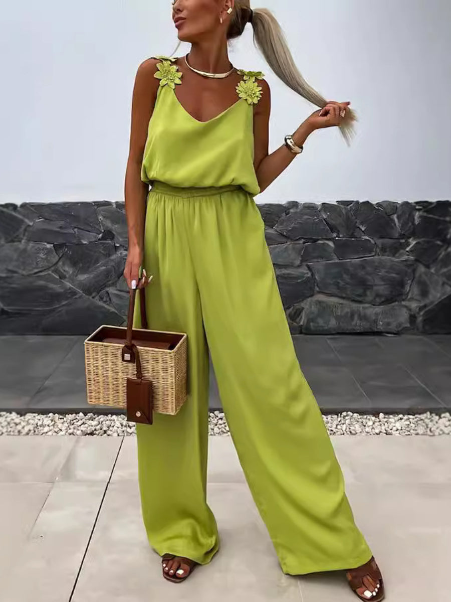 Solid Color Embroidered Flower Suspenders Casual Loose Jumpsuit