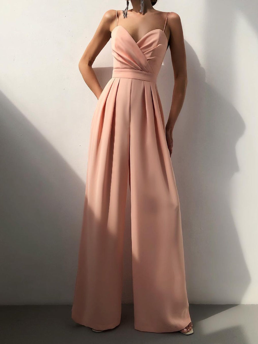 Women Satin Fold Ruched Bust Thin Strap Jumpsuit