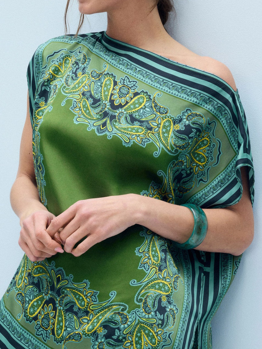 Green Border Paisley Print Asymmetrical One Shoulder Satin Top Wide Leg Pants Two Piece Co-ord Pants Set