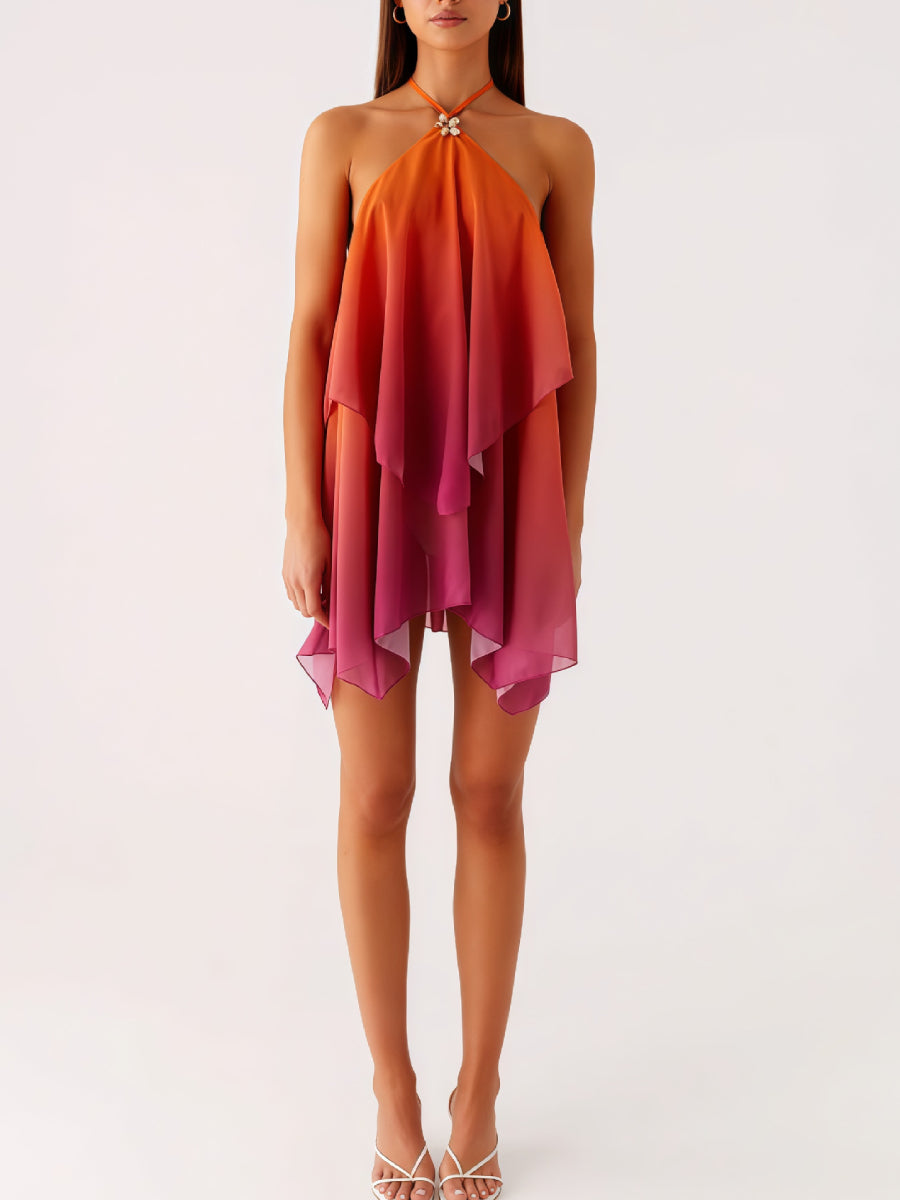 Halter Strap Gradient Color Double Layer Flowy Mini Cocktail Dress